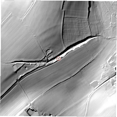 Shaded relief map of the ground around SO240PT, computed from Environment Agency LiDAR. The ground here sits at about 85 m above sea level and falls 40 m across the surrounding 800 m. Surface water reaching this point runs off ground lying to the north-west, 21.7 m higher.