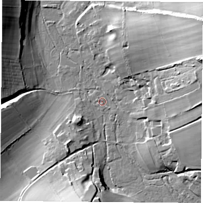 Shaded relief map of the ground around SO240PX, computed from Environment Agency LiDAR. The ground here sits at about 68 m above sea level and falls 32 m across the surrounding 800 m. Surface water reaching this point runs off ground lying to the east-north-east, 30.7 m higher.