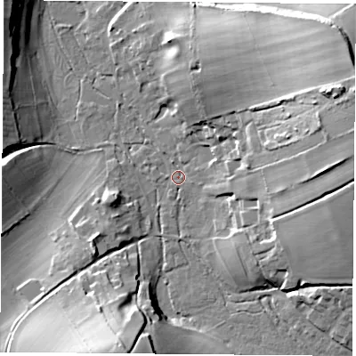Shaded relief map of the ground around SO240QA, computed from Environment Agency LiDAR. The ground here sits at about 68 m above sea level and falls 32 m across the surrounding 800 m. Surface water reaching this point runs off ground lying to the east-north-east, 30.4 m higher.