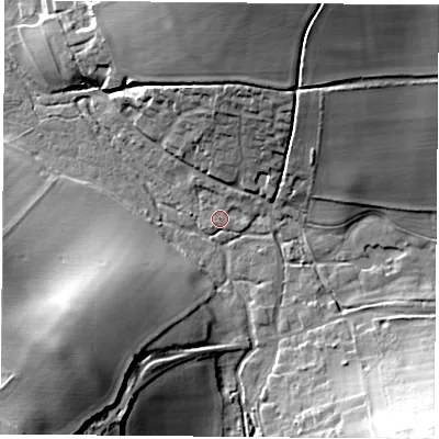 Shaded relief map of the ground around SO240QB, computed from Environment Agency LiDAR. The ground here sits at about 71 m above sea level and falls 38 m across the surrounding 800 m. Surface water reaching this point runs off ground lying to the north-north-east, 13.6 m higher.
