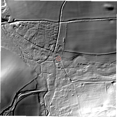Shaded relief map of the ground around SO240QG, computed from Environment Agency LiDAR. The ground here sits at about 71 m above sea level and falls 33 m across the surrounding 800 m. Surface water reaching this point runs off ground lying to the south-east, 31.0 m higher.