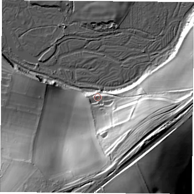 Shaded relief map of the ground around SO240RA, computed from Environment Agency LiDAR. The ground here sits at about 62 m above sea level and falls 51 m across the surrounding 800 m. Surface water reaching this point runs off ground lying to the south-south-east, 44.5 m higher.