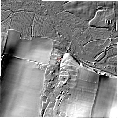 Shaded relief map of the ground around SO240RE, computed from Environment Agency LiDAR. The ground here sits at about 59 m above sea level and falls 36 m across the surrounding 800 m. Surface water reaching this point runs off ground lying to the south-south-east, 20.2 m higher.