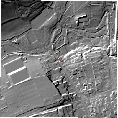 Shaded relief map of the ground around SO249BD, computed from Environment Agency LiDAR. The ground here sits at about 63 m above sea level and falls 25 m across the surrounding 800 m. Surface water reaching this point runs off ground lying to the south-east, 23.4 m higher.
