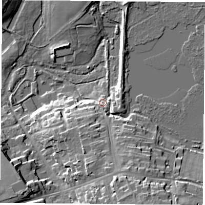 Shaded relief map of the ground around SO249DD, computed from Environment Agency LiDAR. The ground here sits at about 67 m above sea level and falls 27 m across the surrounding 800 m. Surface water reaching this point runs off ground lying to the south-south-west, 11.6 m higher.