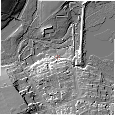 Shaded relief map of the ground around SO249DF, computed from Environment Agency LiDAR. The ground here sits at about 64 m above sea level and falls 27 m across the surrounding 800 m. Surface water reaching this point runs off ground lying to the south-south-east, 15.5 m higher.