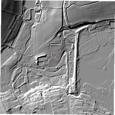 Shaded relief map of the ground around SO249DG, computed from Environment Agency LiDAR. The ground here sits at about 64 m above sea level and falls 28 m across the surrounding 800 m. Surface water reaching this point runs off ground lying to the north-north-east, 20.1 m higher.