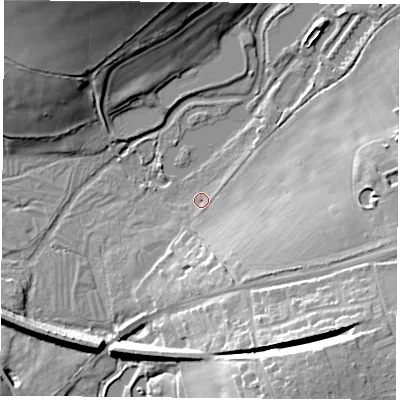 Shaded relief map of the ground around SO249EX, computed from Environment Agency LiDAR. The ground here sits at about 59 m above sea level and falls 27 m across the surrounding 800 m. Surface water reaching this point runs off ground lying to the south-east, 11.6 m higher.