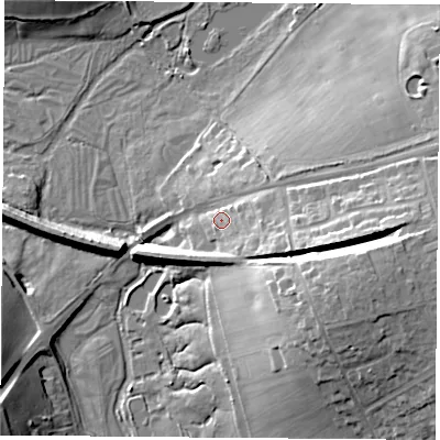 Shaded relief map of the ground around SO249EZ, computed from Environment Agency LiDAR. The ground here sits at about 65 m above sea level and falls 27 m across the surrounding 800 m. Surface water reaching this point runs off ground lying to the east-south-east, 11.3 m higher.