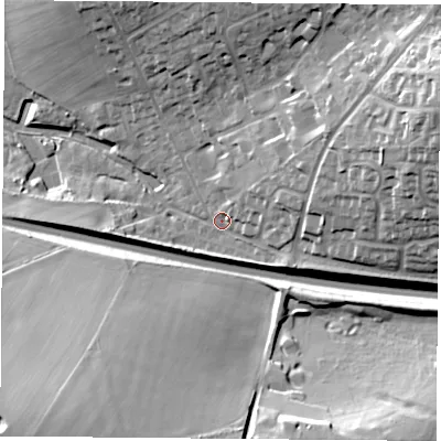 Shaded relief map of the ground around SO249QA, computed from Environment Agency LiDAR. The ground here sits at about 66 m above sea level and falls 33 m across the surrounding 800 m. Surface water reaching this point runs off ground lying to the east-north-east, 11.2 m higher.