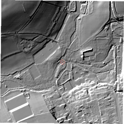 Shaded relief map of the ground around SO249TA, computed from Environment Agency LiDAR. The ground here sits at about 61 m above sea level and falls 37 m across the surrounding 800 m. Surface water reaching this point runs off ground lying to the north-west, 3.0 m higher.