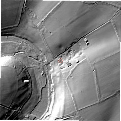 Shaded relief map of the ground around SO249TD, computed from Environment Agency LiDAR. The ground here sits at about 67 m above sea level and falls 36 m across the surrounding 800 m. Surface water reaching this point runs off ground lying to the north-east, 28.3 m higher.