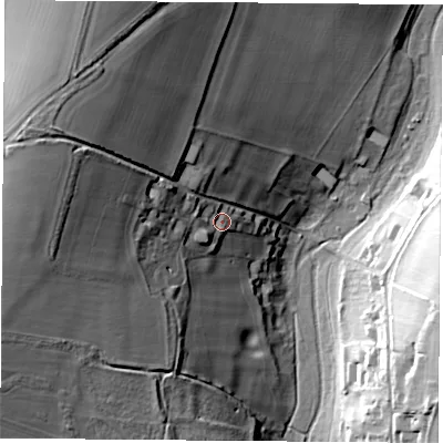 Shaded relief map of the ground around SO249TH, computed from Environment Agency LiDAR. The ground here sits at about 93 m above sea level and falls 53 m across the surrounding 800 m. Surface water reaching this point runs off ground lying to the west, 34.5 m higher.