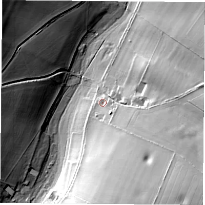 Shaded relief map of the ground around SO249TJ, computed from Environment Agency LiDAR. The ground here sits at about 85 m above sea level and falls 39 m across the surrounding 800 m. Surface water reaching this point runs off ground lying to the south-east, 15.2 m higher.