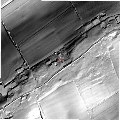 Shaded relief map of the ground around SO249TR, computed from Environment Agency LiDAR. The ground here sits at about 88 m above sea level and falls 37 m across the surrounding 800 m. Surface water reaching this point runs off ground lying to the north-north-west, 26.3 m higher.