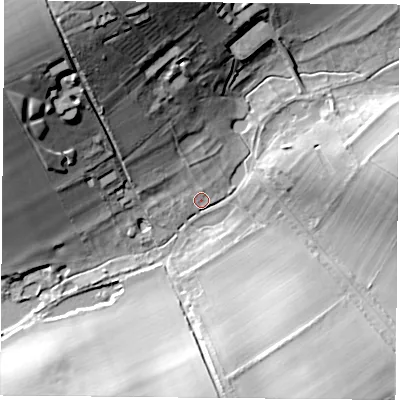 Shaded relief map of the ground around SO249TX, computed from Environment Agency LiDAR. The ground here sits at about 90 m above sea level and falls 38 m across the surrounding 800 m. Surface water reaching this point runs off ground lying to the north-west, 35.9 m higher.