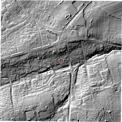 Shaded relief map of the ground around SO300FW, computed from Environment Agency LiDAR. The ground here sits at about 19 m above sea level and falls 18 m across the surrounding 800 m. Surface water reaching this point runs off ground lying to the north-north-west, 5.4 m higher.