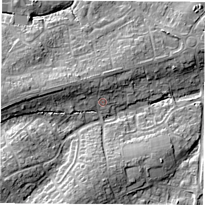 Shaded relief map of the ground around SO300GF, computed from Environment Agency LiDAR. The ground here sits at about 22 m above sea level and falls 17 m across the surrounding 800 m. Surface water reaching this point runs off ground lying to the west-north-west, 4.8 m higher.