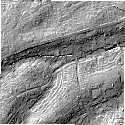 Shaded relief map of the ground around SO300GZ, computed from Environment Agency LiDAR. The ground here sits at about 23 m above sea level and falls 21 m across the surrounding 800 m. Surface water reaching this point runs off ground lying to the south-west, 15.0 m higher.