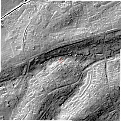 Shaded relief map of the ground around SO300JR, computed from Environment Agency LiDAR. The ground here sits at about 25 m above sea level and falls 19 m across the surrounding 800 m. Surface water reaching this point runs off ground lying to the south-west, 14.4 m higher.