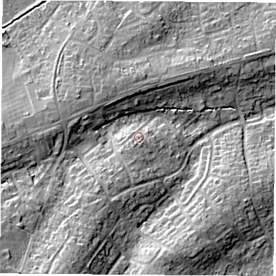 Shaded relief map of the ground around SO300JS, computed from Environment Agency LiDAR. The ground here sits at about 28 m above sea level and falls 20 m across the surrounding 800 m. Surface water reaching this point runs off ground lying to the south-west, 3.7 m higher.