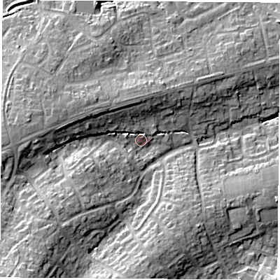 Shaded relief map of the ground around SO300JT, computed from Environment Agency LiDAR. The ground here sits at about 24 m above sea level and falls 21 m across the surrounding 800 m. Surface water reaching this point runs off ground lying to the south-west, 15.3 m higher.