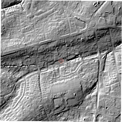 Shaded relief map of the ground around SO300PW, computed from Environment Agency LiDAR. The ground here sits at about 20 m above sea level and falls 18 m across the surrounding 800 m. Surface water reaching this point runs off ground lying to the south-west, 12.5 m higher.