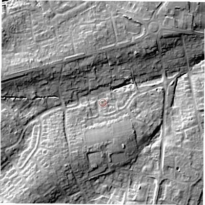 Shaded relief map of the ground around SO300PY, computed from Environment Agency LiDAR. The ground here sits at about 20 m above sea level and falls 20 m across the surrounding 800 m. Surface water reaching this point runs off ground lying to the south-south-west, 8.6 m higher.