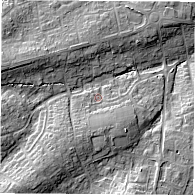 Shaded relief map of the ground around SO300PZ, computed from Environment Agency LiDAR. The ground here sits at about 21 m above sea level and falls 19 m across the surrounding 800 m. Surface water reaching this point runs off ground lying to the south-south-west, 7.5 m higher.