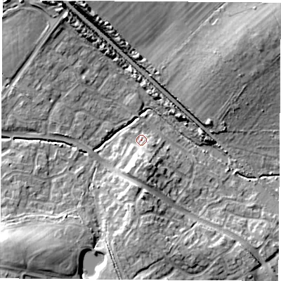 Shaded relief map of the ground around SO302AS, computed from Environment Agency LiDAR. The ground here sits at about 25 m above sea level and falls 14 m across the surrounding 800 m. Surface water reaching this point runs off ground lying to the south, 5.1 m higher.