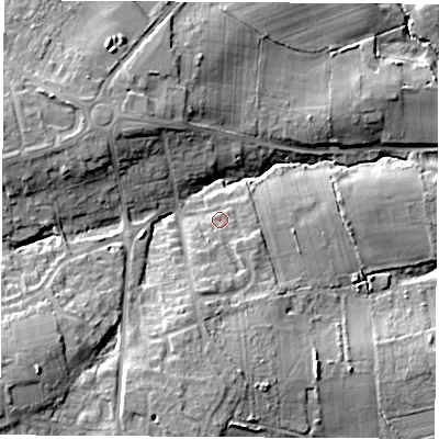 Shaded relief map of the ground around SO302DX, computed from Environment Agency LiDAR. The ground here sits at about 17 m above sea level and falls 18 m across the surrounding 800 m. Surface water reaching this point runs off ground lying to the south-south-west, 4.6 m higher.