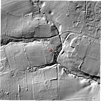 Shaded relief map of the ground around SO302ET, computed from Environment Agency LiDAR. The ground here sits at about 13 m above sea level and falls 19 m across the surrounding 800 m. Surface water reaching this point runs off ground lying to the west, 3.0 m higher.