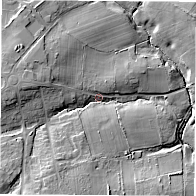 Shaded relief map of the ground around SO302EU, computed from Environment Agency LiDAR. The ground here sits at about 13 m above sea level and falls 18 m across the surrounding 800 m. Surface water reaching this point runs off ground lying to the south-west, 11.9 m higher.