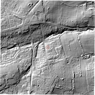 Shaded relief map of the ground around SO302EY, computed from Environment Agency LiDAR. The ground here sits at about 17 m above sea level and falls 19 m across the surrounding 800 m. Surface water reaching this point runs off ground lying to the south, 4.6 m higher.