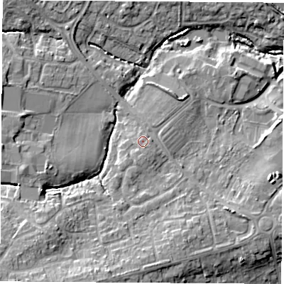 Shaded relief map of the ground around SO302FL, computed from Environment Agency LiDAR. The ground here sits at about 21 m above sea level and falls 17 m across the surrounding 800 m. Surface water reaching this point runs off ground lying to the south, 0.9 m higher.