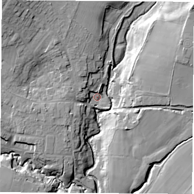 Shaded relief map of the ground around SO302GB, computed from Environment Agency LiDAR. The ground here sits at about 4 m above sea level and falls 20 m across the surrounding 800 m. Surface water reaching this point runs off ground lying to the north-west, 18.6 m higher.