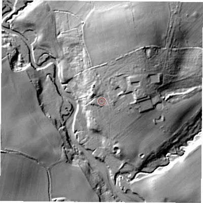 Shaded relief map of the ground around SO302GH, computed from Environment Agency LiDAR. The ground here sits at about 12 m above sea level and falls 25 m across the surrounding 800 m. Surface water reaching this point runs off ground lying to the north-east, 12.0 m higher.