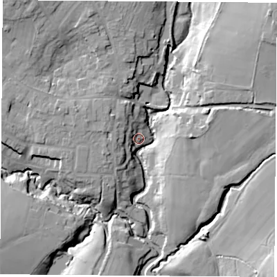 Shaded relief map of the ground around SO302GX, computed from Environment Agency LiDAR. The ground here sits at about 4 m above sea level and falls 18 m across the surrounding 800 m. Surface water reaching this point runs off ground lying to the west-north-west, 6.8 m higher.