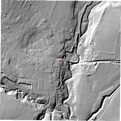 Shaded relief map of the ground around SO302GY, computed from Environment Agency LiDAR. The ground here sits at about 9 m above sea level and falls 19 m across the surrounding 800 m. Surface water reaching this point runs off ground lying to the north-west, 14.2 m higher.