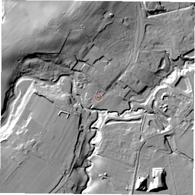 Shaded relief map of the ground around SO302HB, computed from Environment Agency LiDAR. The ground here sits at about 3 m above sea level and falls 22 m across the surrounding 800 m. Surface water reaching this point runs off ground lying to the north, 18.6 m higher.