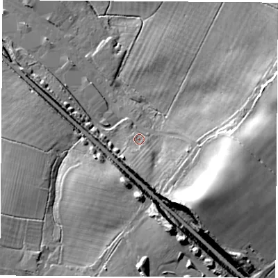 Shaded relief map of the ground around SO302HH, computed from Environment Agency LiDAR. The ground here sits at about 23 m above sea level and falls 21 m across the surrounding 800 m. Surface water reaching this point runs off ground lying to the south, 4.1 m higher.