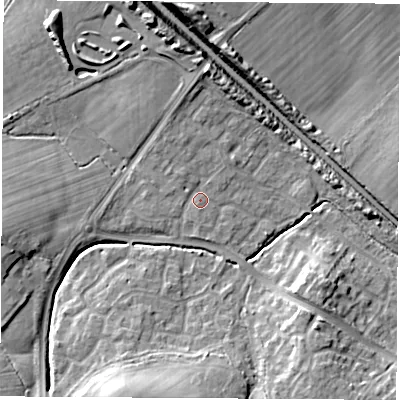 Shaded relief map of the ground around SO302NA, computed from Environment Agency LiDAR. The ground here sits at about 26 m above sea level and falls 13 m across the surrounding 800 m. Surface water reaching this point runs off ground lying to the north-north-west, 2.4 m higher.