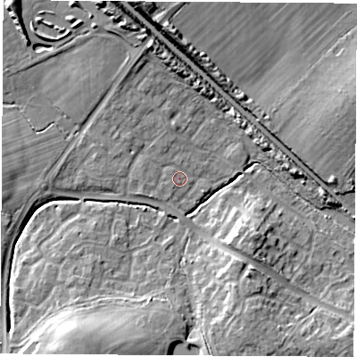 Shaded relief map of the ground around SO302NF, computed from Environment Agency LiDAR. The ground here sits at about 25 m above sea level and falls 13 m across the surrounding 800 m. Surface water reaching this point runs off ground lying to the north-west, 3.1 m higher.
