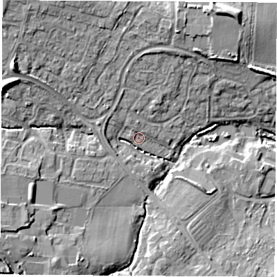 Shaded relief map of the ground around SO302RE, computed from Environment Agency LiDAR. The ground here sits at about 19 m above sea level and falls 15 m across the surrounding 800 m. Surface water reaching this point runs off ground lying to the north, 5.9 m higher.
