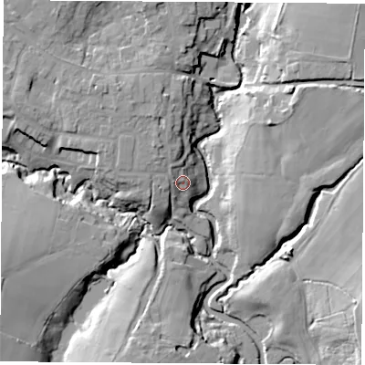 Shaded relief map of the ground around SO302UE, computed from Environment Agency LiDAR. The ground here sits at about 7 m above sea level and falls 16 m across the surrounding 800 m. Surface water reaching this point runs off ground lying to the north-west, 4.9 m higher.