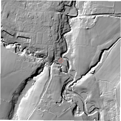 Shaded relief map of the ground around SO302UG, computed from Environment Agency LiDAR. The ground here sits at about 4 m above sea level and falls 19 m across the surrounding 800 m. Surface water reaching this point runs off ground lying to the north-north-west, 10.9 m higher.