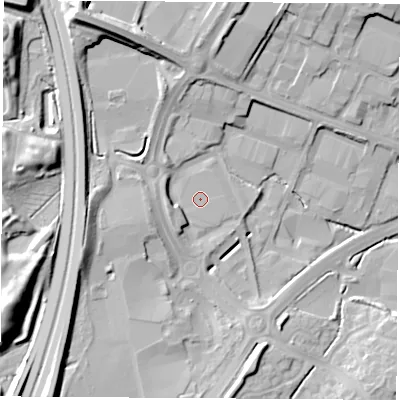 Shaded relief map of the ground around SO302UH, computed from Environment Agency LiDAR. The ground here sits at about 28 m above sea level and falls 23 m across the surrounding 800 m. Surface water reaching this point runs off ground lying to the west-north-west, 4.1 m higher.