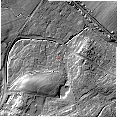 Shaded relief map of the ground around SO302WP, computed from Environment Agency LiDAR. The ground here sits at about 26 m above sea level and falls 13 m across the surrounding 800 m. Surface water reaching this point runs off ground lying to the south-south-west, 8.5 m higher.