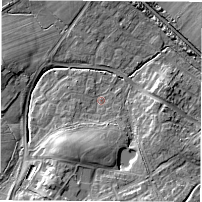 Shaded relief map of the ground around SO302WS, computed from Environment Agency LiDAR. The ground here sits at about 26 m above sea level and falls 13 m across the surrounding 800 m. Surface water reaching this point runs off ground lying to the south-south-west, 9.4 m higher.
