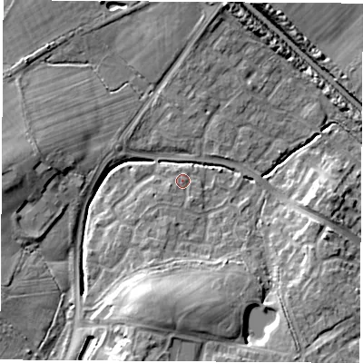 Shaded relief map of the ground around SO302WU, computed from Environment Agency LiDAR. The ground here sits at about 26 m above sea level and falls 13 m across the surrounding 800 m. Surface water reaching this point runs off ground lying to the south-west, 2.1 m higher.